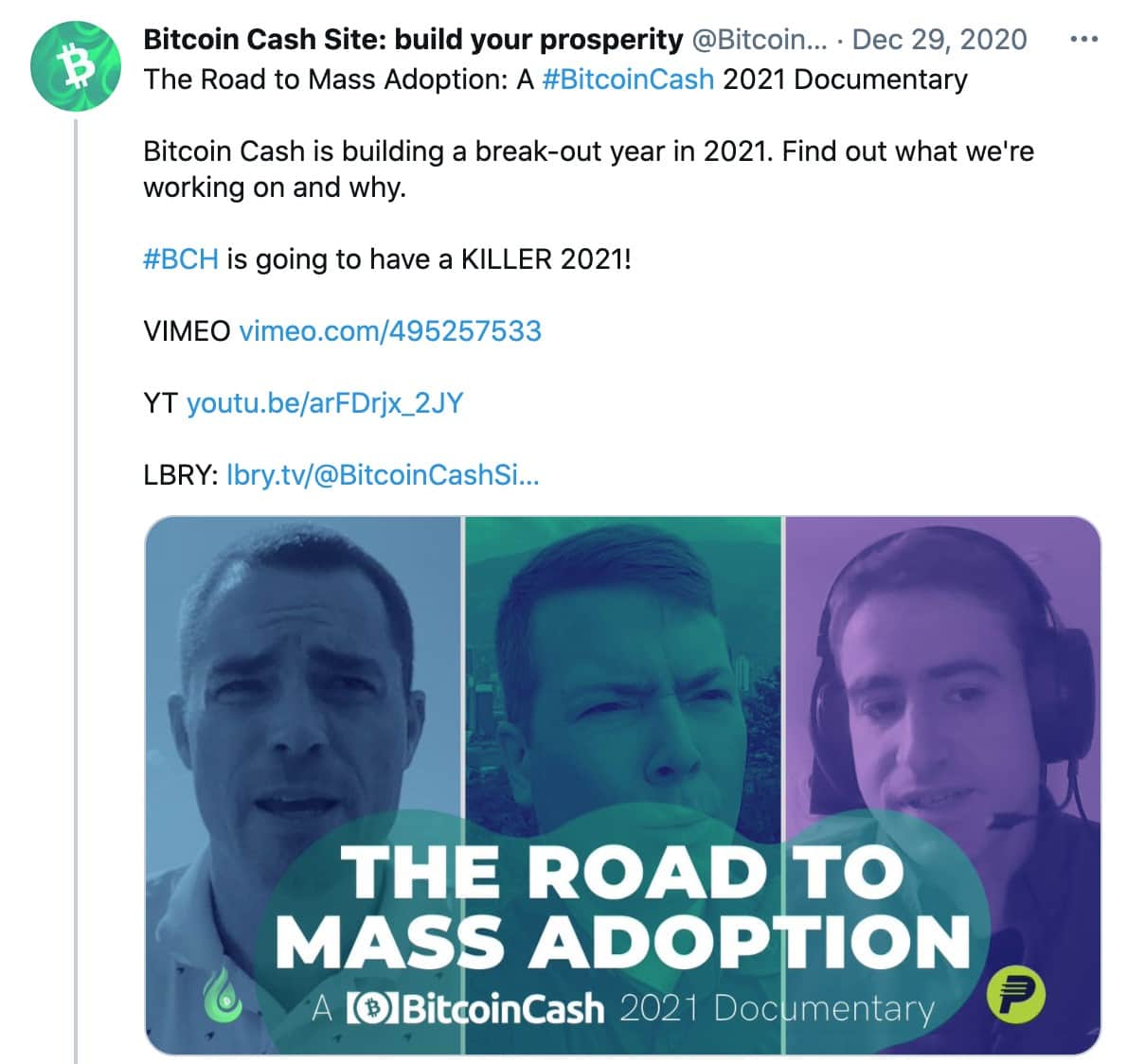 Le documentaire Bitcoin Cash : The Road to Mass Adoption
