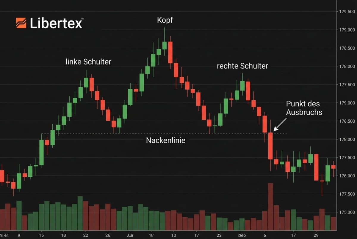 Schulter-Kopf-Schulter-Formation mit Nackenlinie und Ausbruchspunkt auf einem Candlestick-Chart