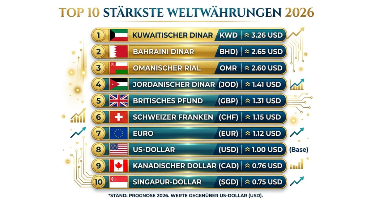 Infografik der Top 10 stärksten Währungen der Welt mit Flaggen und Wechselkursen 2026