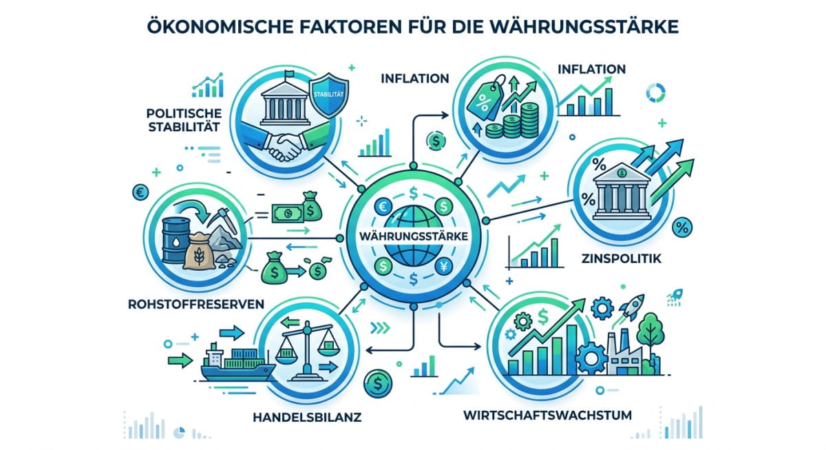 Diagramm der wirtschaftlichen Faktoren die Währungsstärke beeinflussen