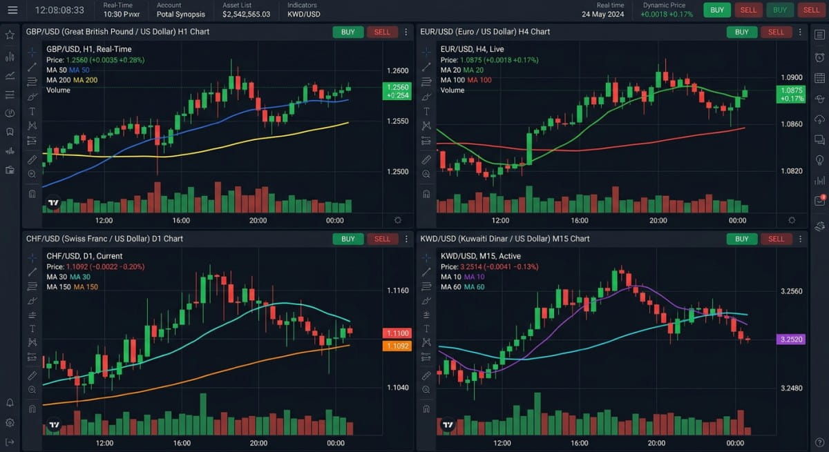 Handelschart mit Forex-Kursen der stärksten Währungspaare