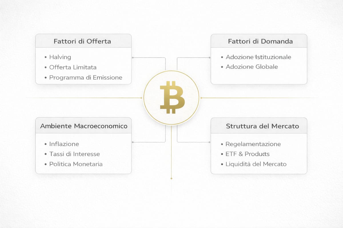 Infografica che mostra i fattori che influenzano il prezzo del Bitcoin