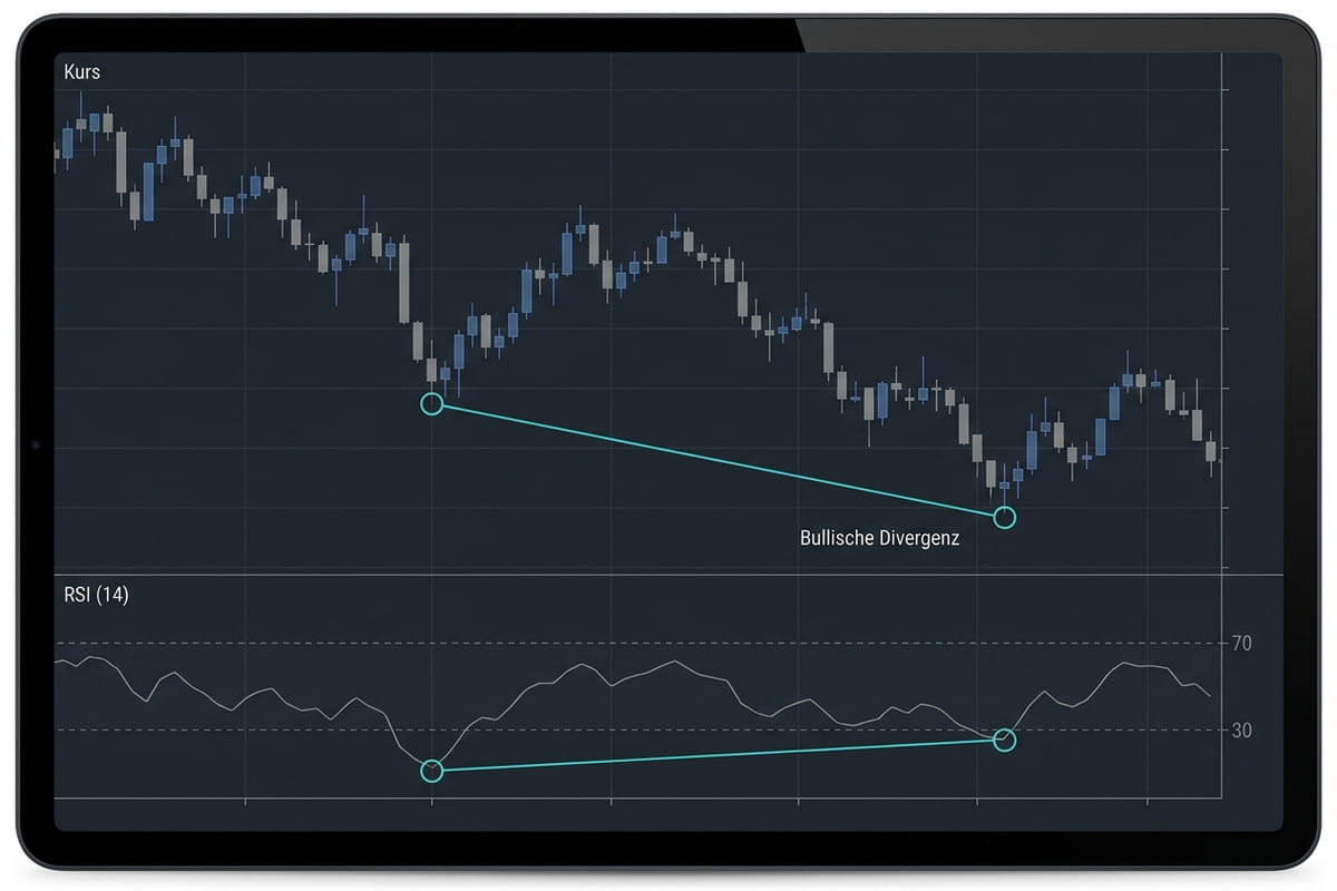 Annotierter Chart mit bullischer Divergenz, tieferes Preistief bei höherem RSI-Tief