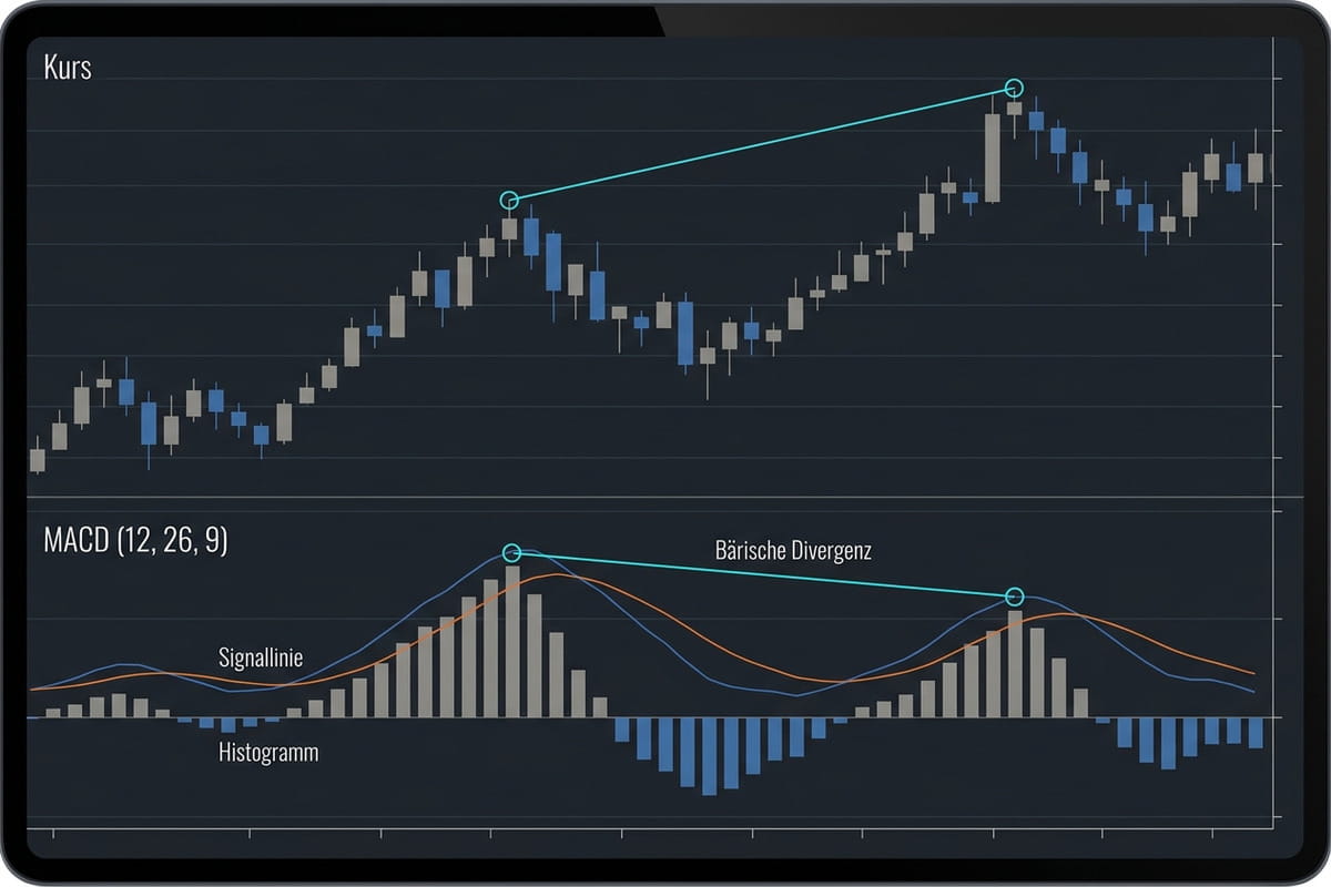 Annotierter Chart mit bärischer Divergenz, höheres Preishoch bei tieferem MACD-Hoch