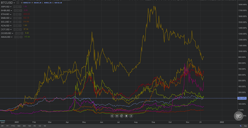 Percentage changes in cryptocurrencies' prices during 2021