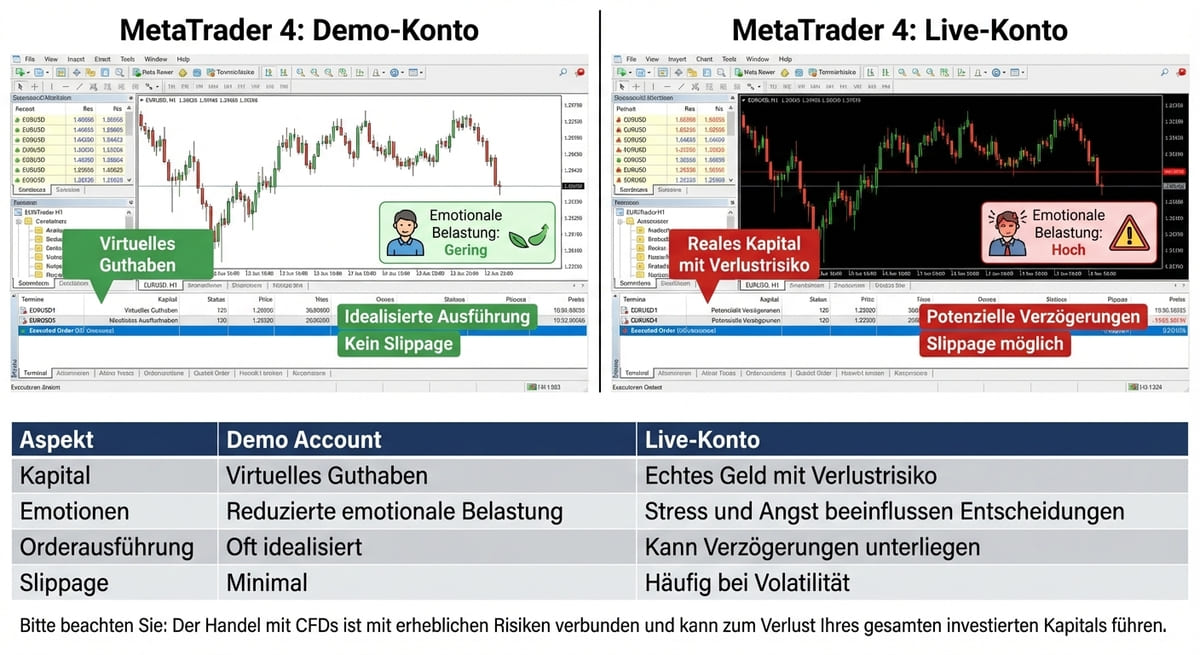 Comparison of the MetaTrader 4 interface in demo and live accounts