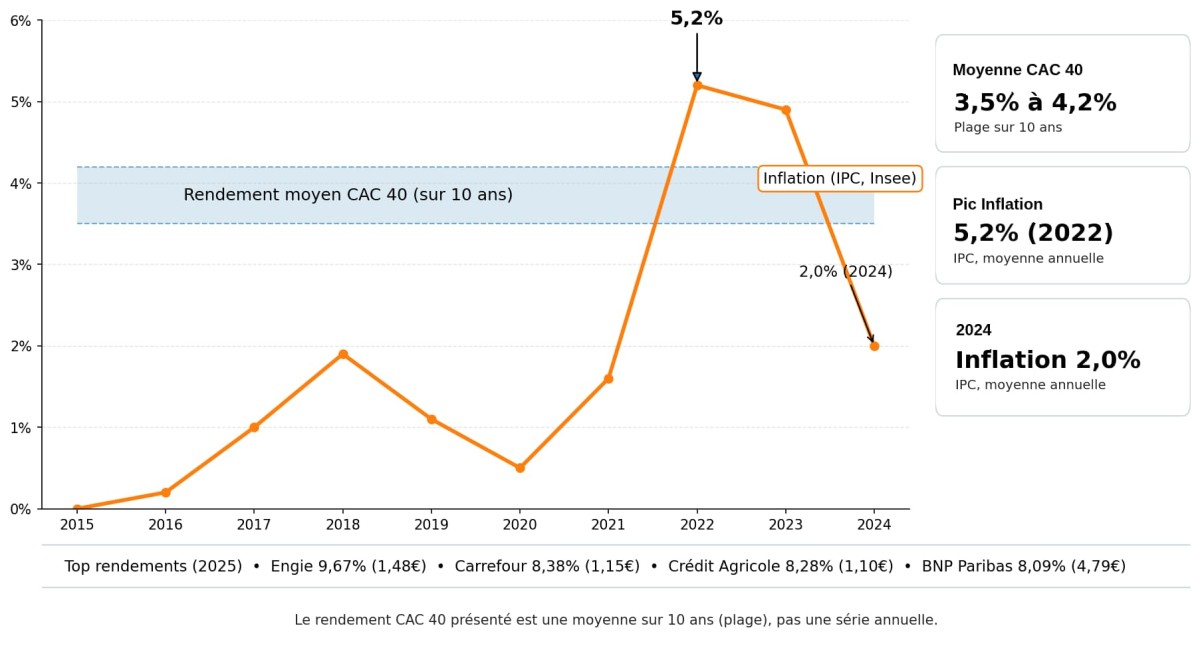 Graphique montrant l'évolution des dividendes du CAC 40 sur 10 ans avec tendance haussière et comparaison avec le taux d'inflation français