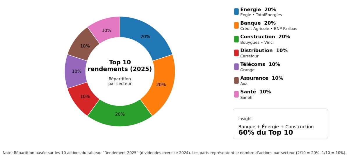 Graphique en secteurs montrant la répartition des meilleurs dividendes par secteur d'activité