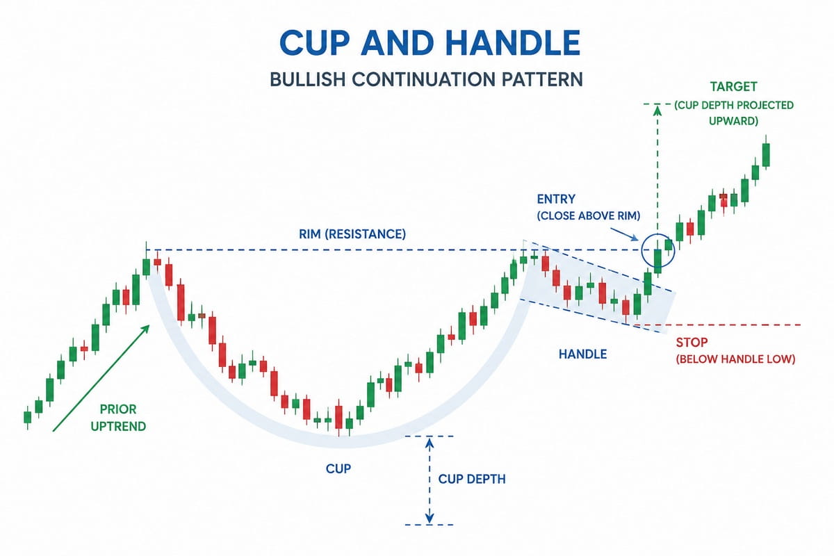 Candlestick chart showing a cup and handle bullish continuation pattern