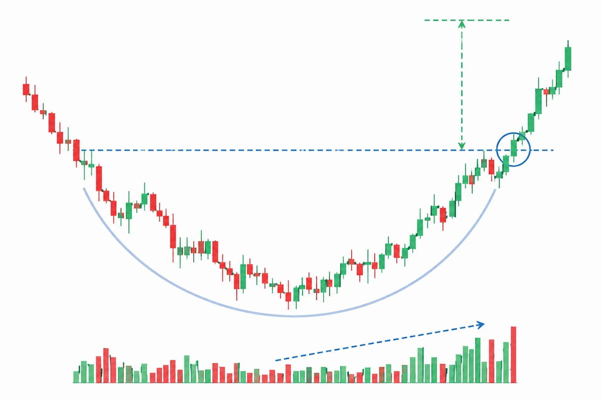 Candlestick chart showing a rounded bottom bullish reversal pattern