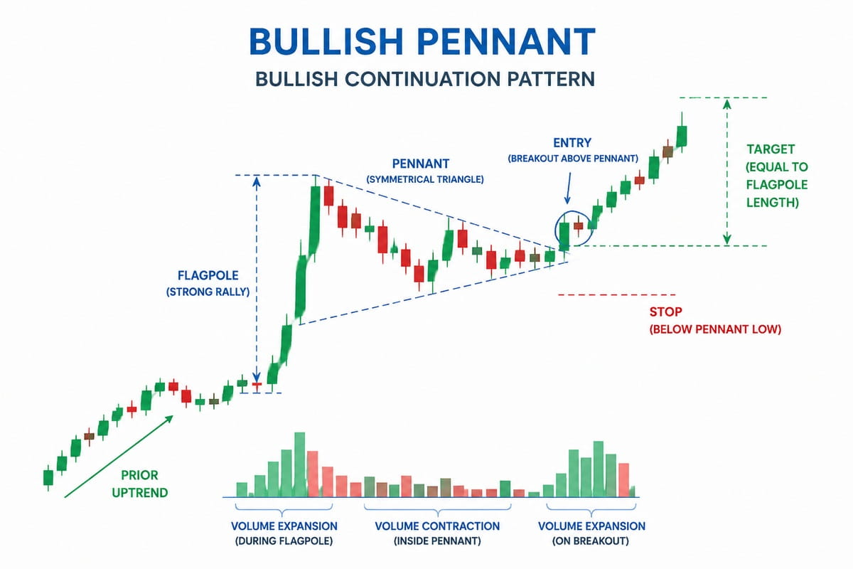 Candlestick chart showing a bullish pennant continuation pattern