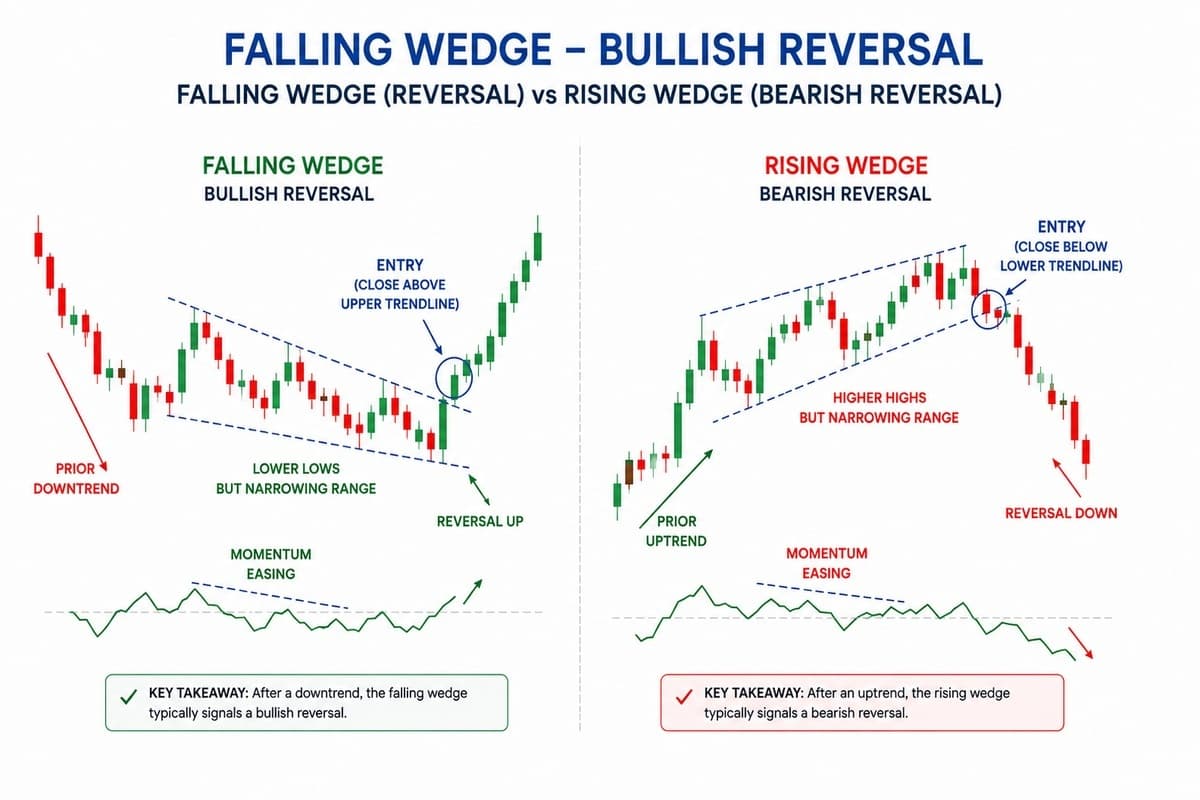 Combined chart showing rising wedge and falling wedge patterns side by side