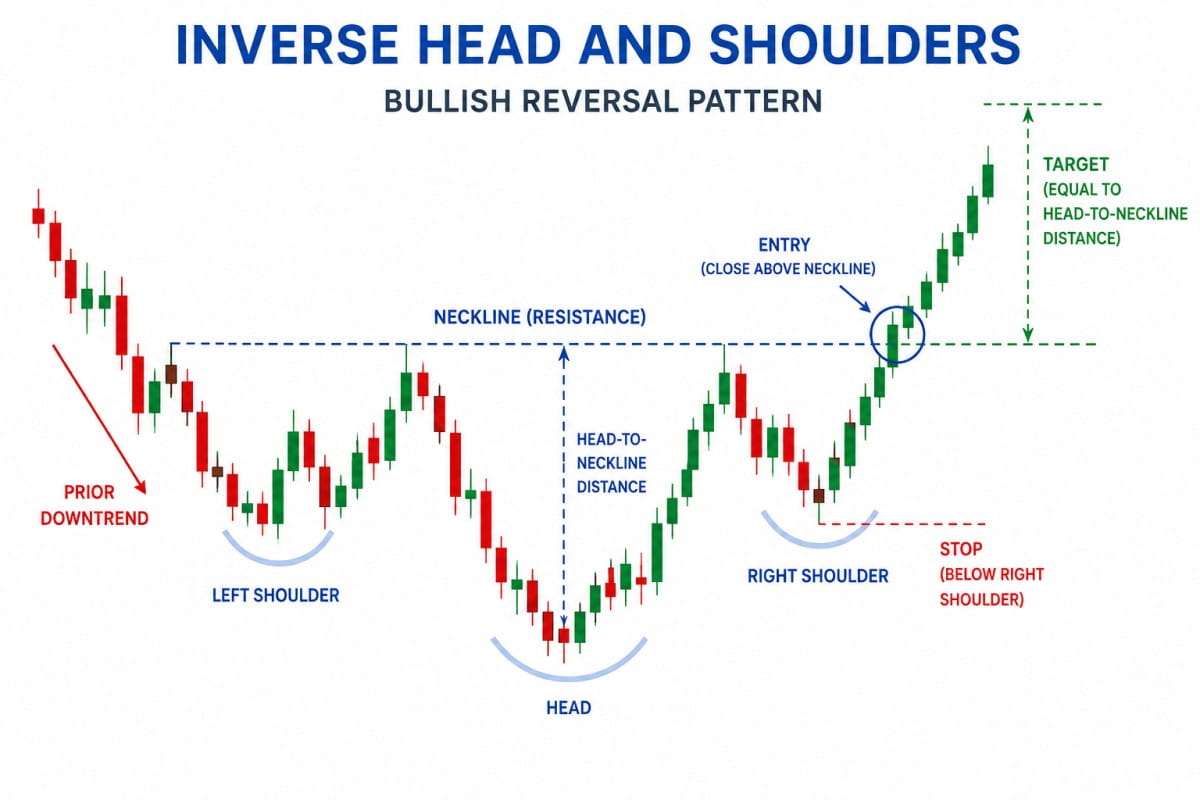 Candlestick chart showing an inverse head and shoulders pattern