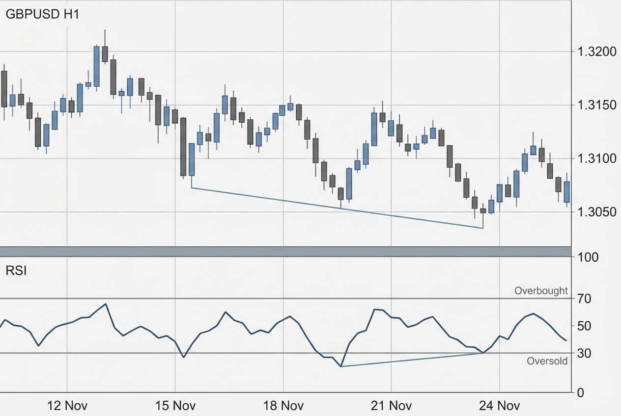 Chart with RSI indicator and marked divergences between price and oscillator