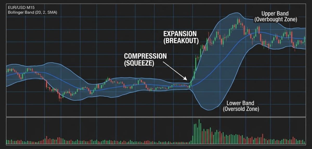 Bandes de Bollinger sur graphique MT5 montrant compression et expansion