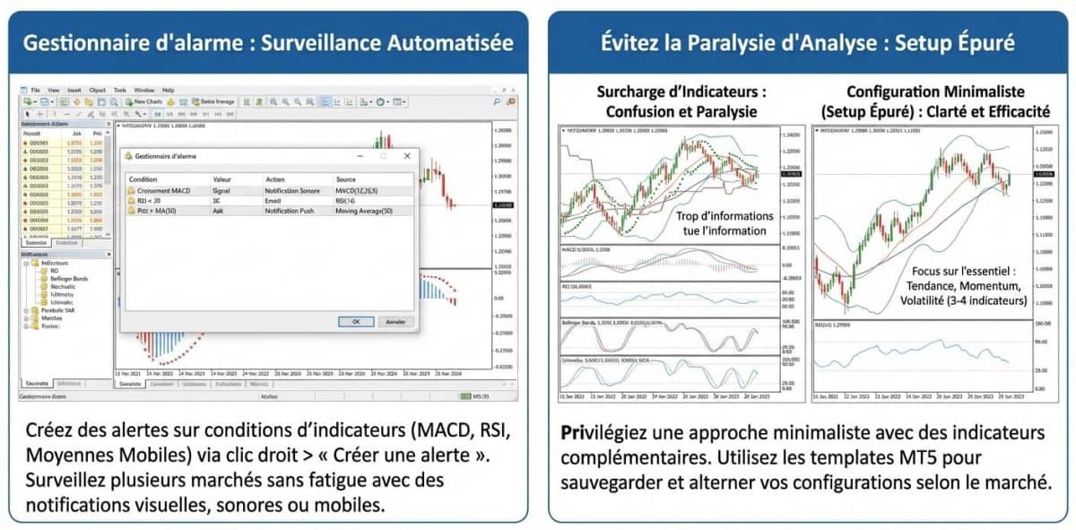 Deux graphiques MT5 comparant surcharge d'indicateurs et setup épuré