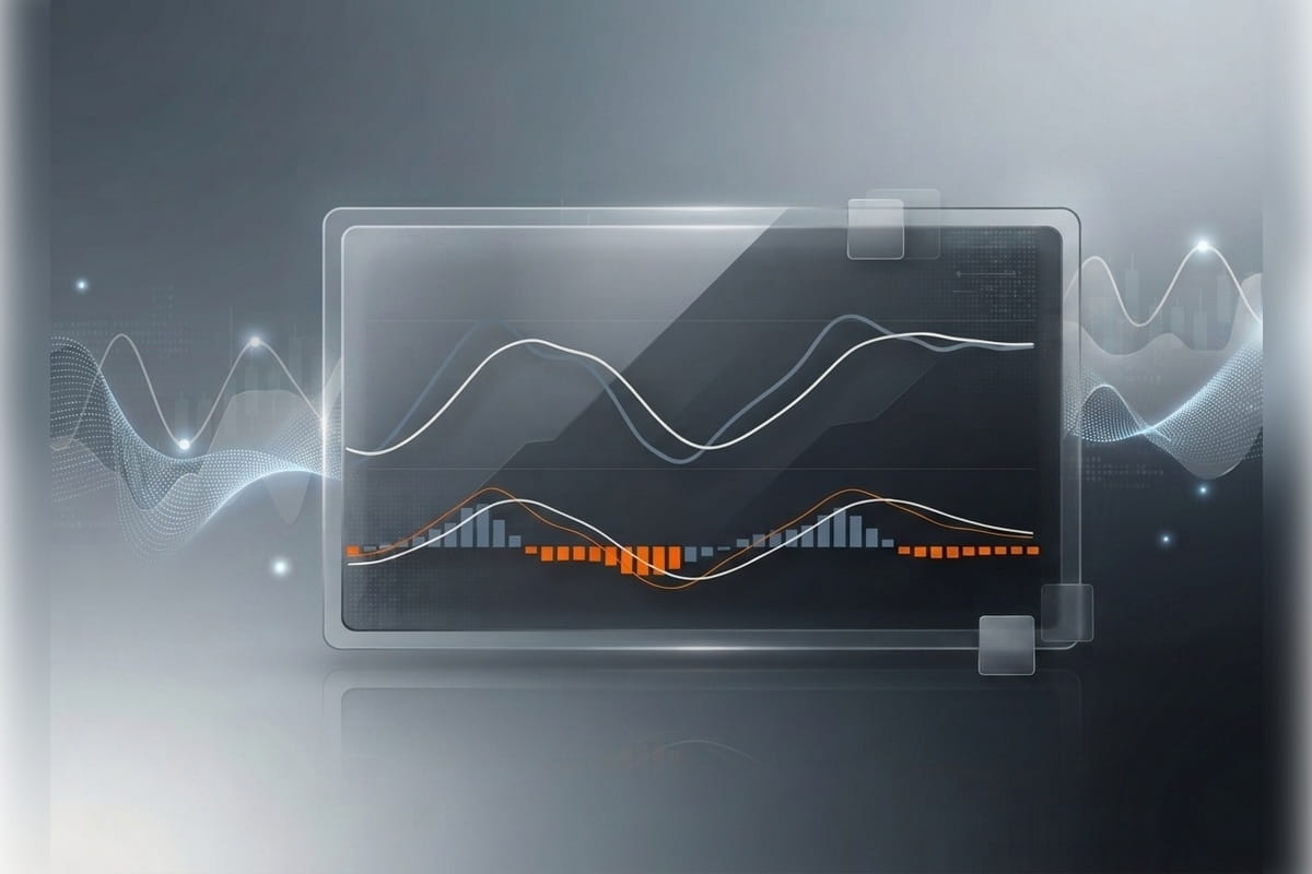 Abstrakte Illustration eines technischen Analyse-Panels mit MACD-Indikator vor stilisiertem Krypto-Chart-Hintergrund