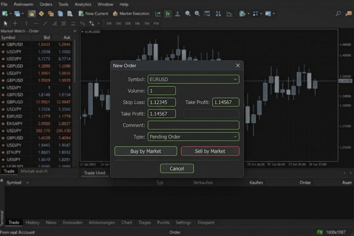 MetaTrader 5 Orderfenster mit Stop Loss und Take Profit Feldern