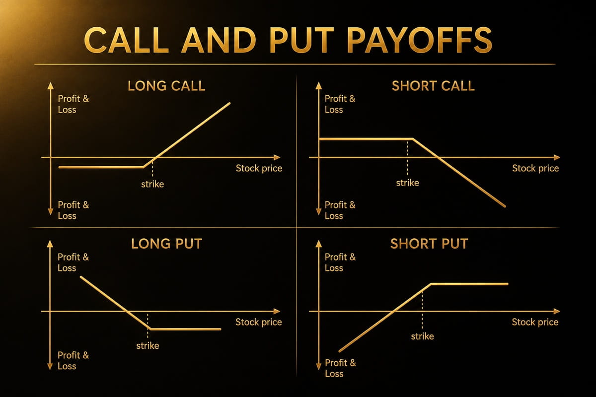 Diagram showing call and put option payoffs, with four charts for long call, short call, long put, and short put, plotted against stock price and strike price