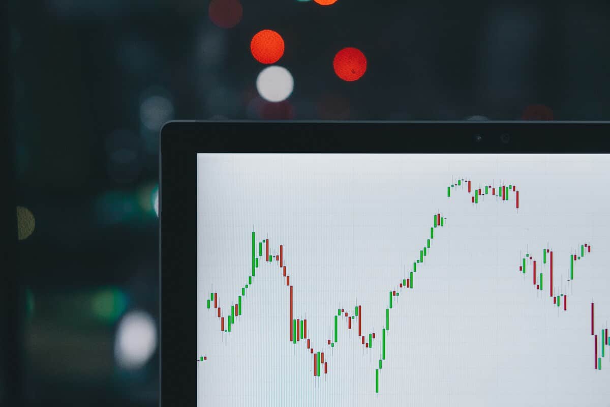 Écran d'ordinateur affichant un graphique en chandeliers de trading financier, avec des bougies vertes et rouges indiquant les fluctuations des prix