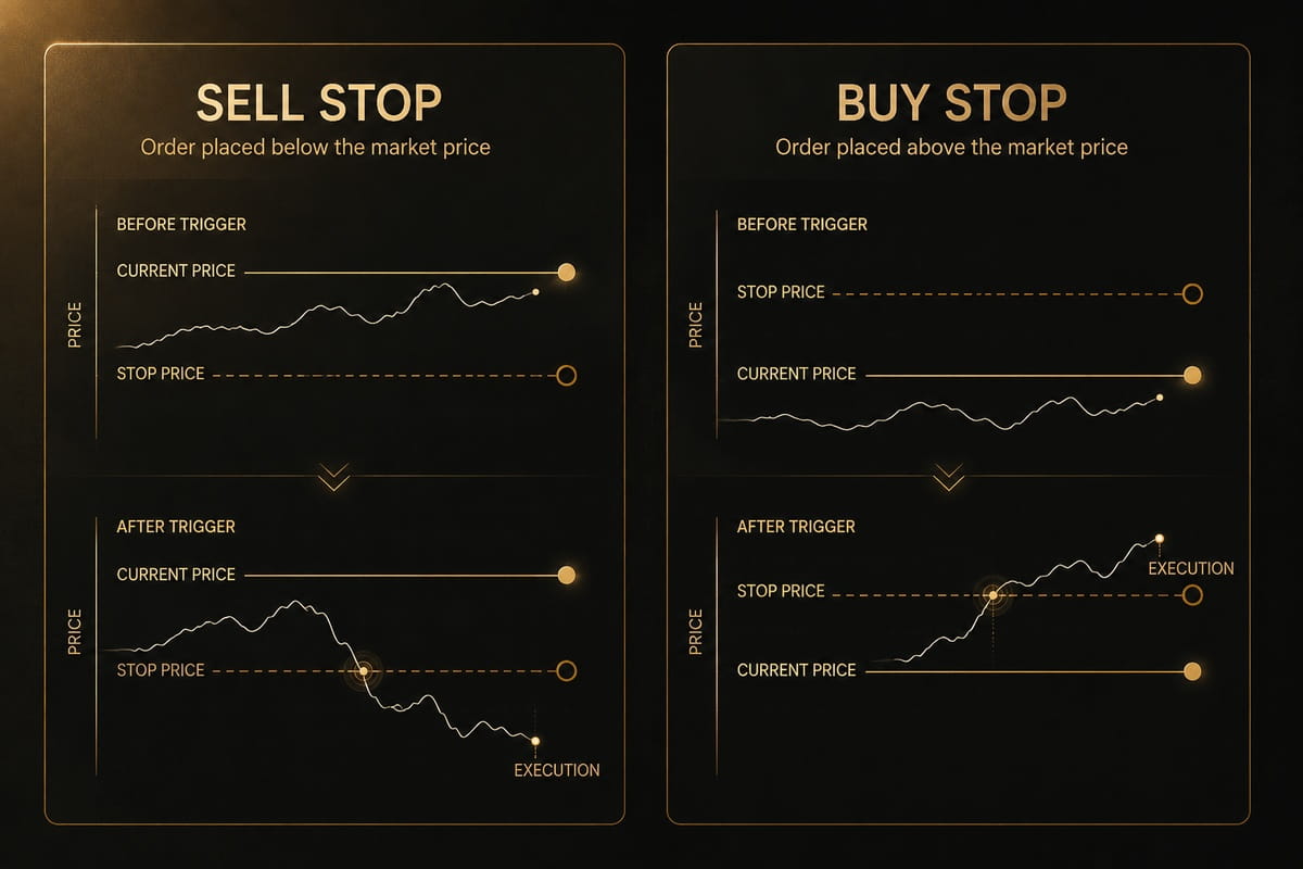 Diagram comparing sell stop and buy stop order trigger levels relative to market price