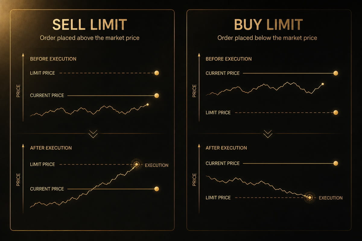 Diagram comparing sell limit and buy limit order trigger levels relative to market price.