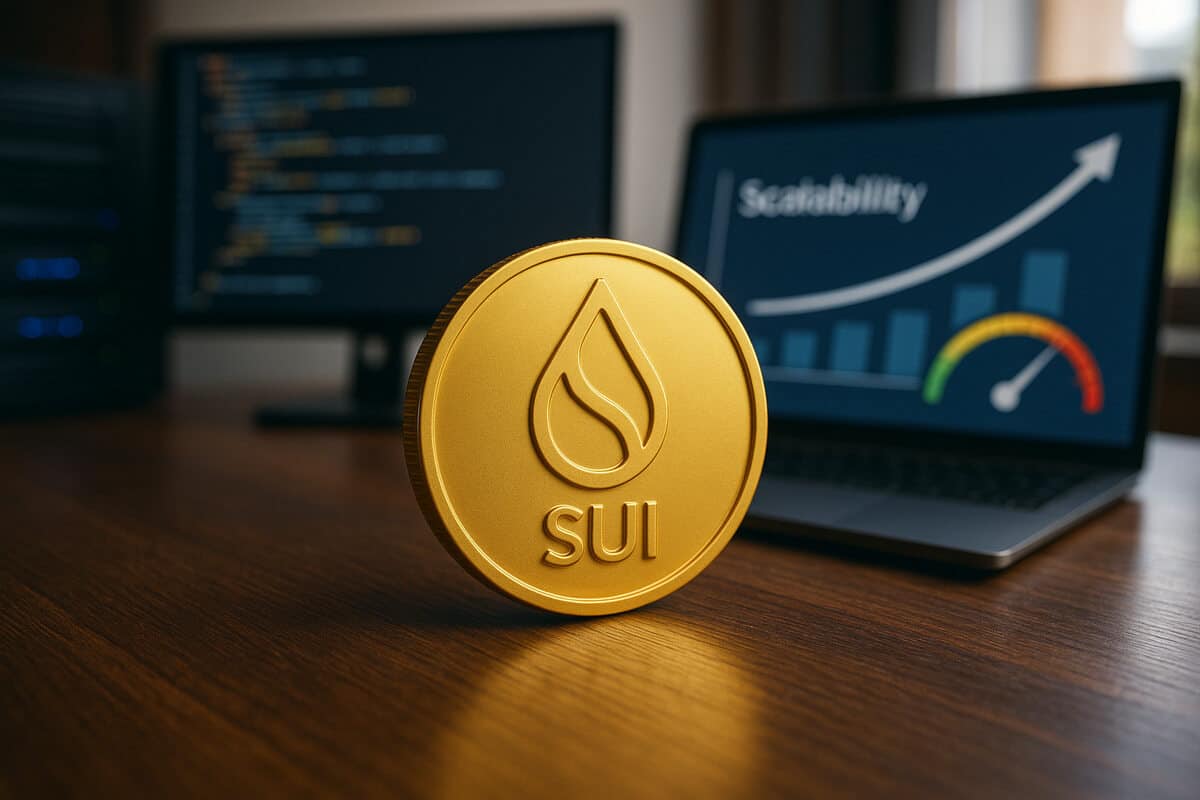 Goldene SUI-Münze auf Schreibtisch