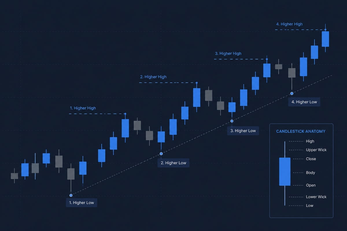 Annotierter Candlestick-Chart mit markiertem Aufwärtstrend und beschrifteten Kerzen