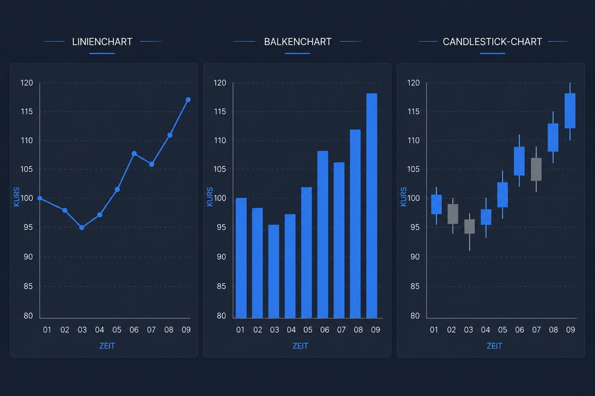 Dreiteiliger Vergleich: dieselben Kursdaten als Linien-, Balken- und Candlestick-Chart