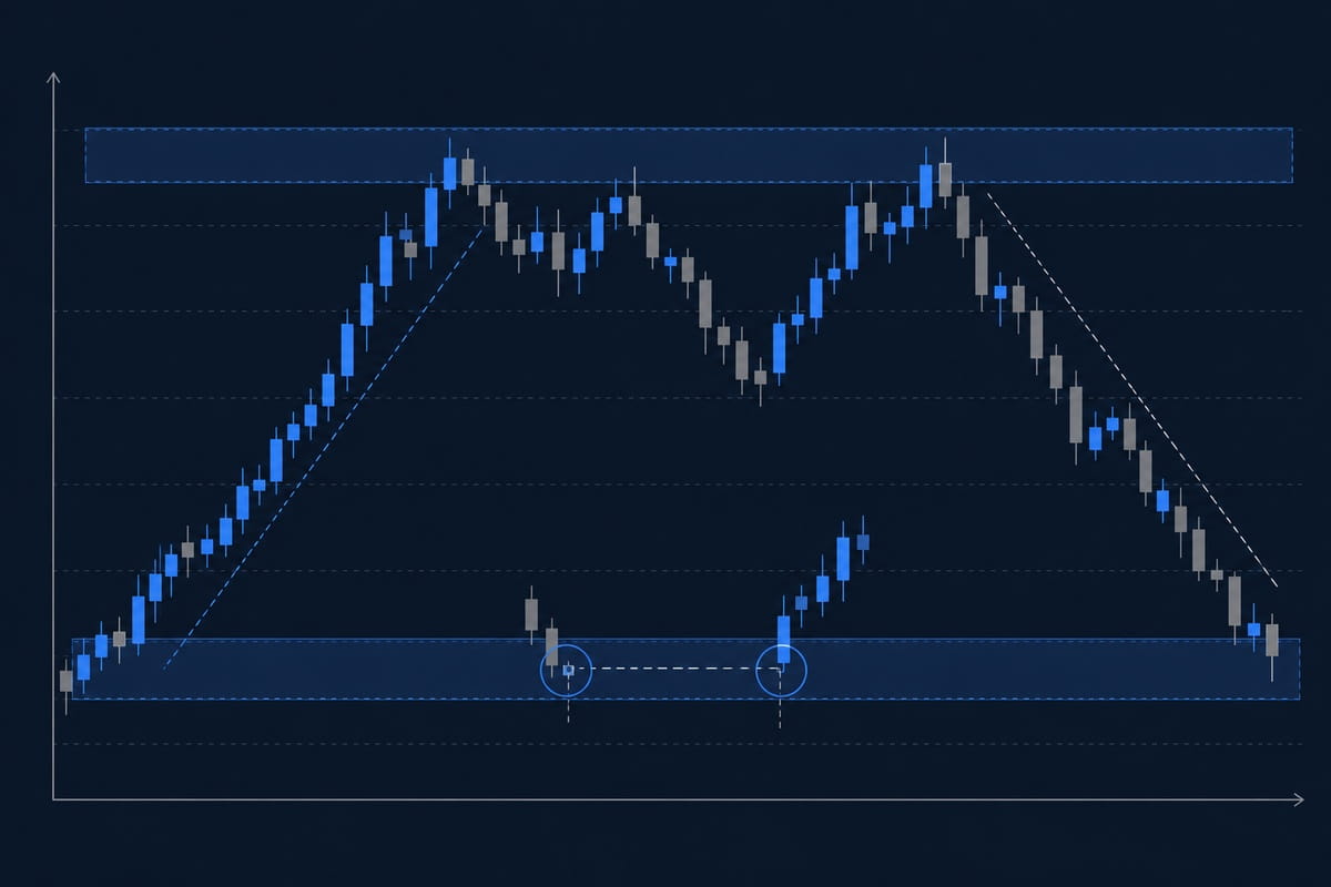 Candlestick-Chart mit markierter Unterstützungszone, Widerstandszone und Role-Reversal-Beispiel