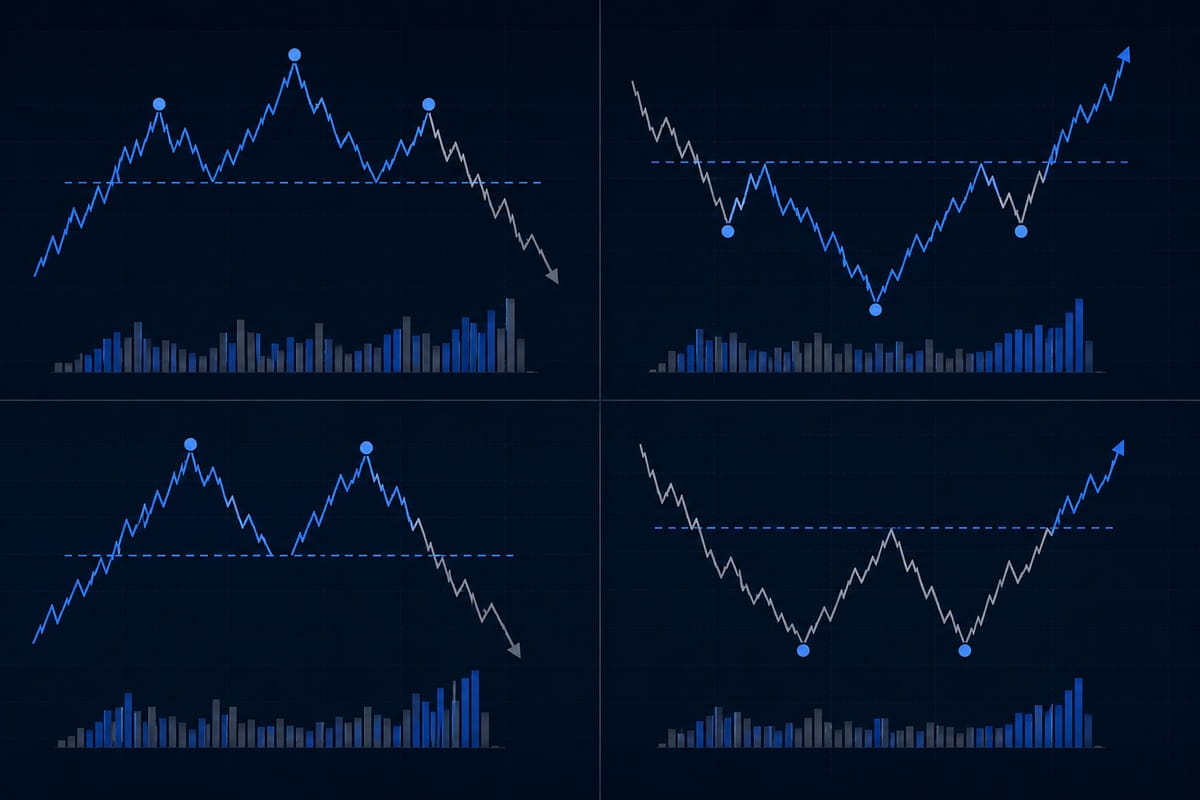 Infografik der wichtigsten Umkehrformationen (SKS, inverse SKS, Doppeltop, Doppelboden) mit Nackenlinie und Volumenbalken