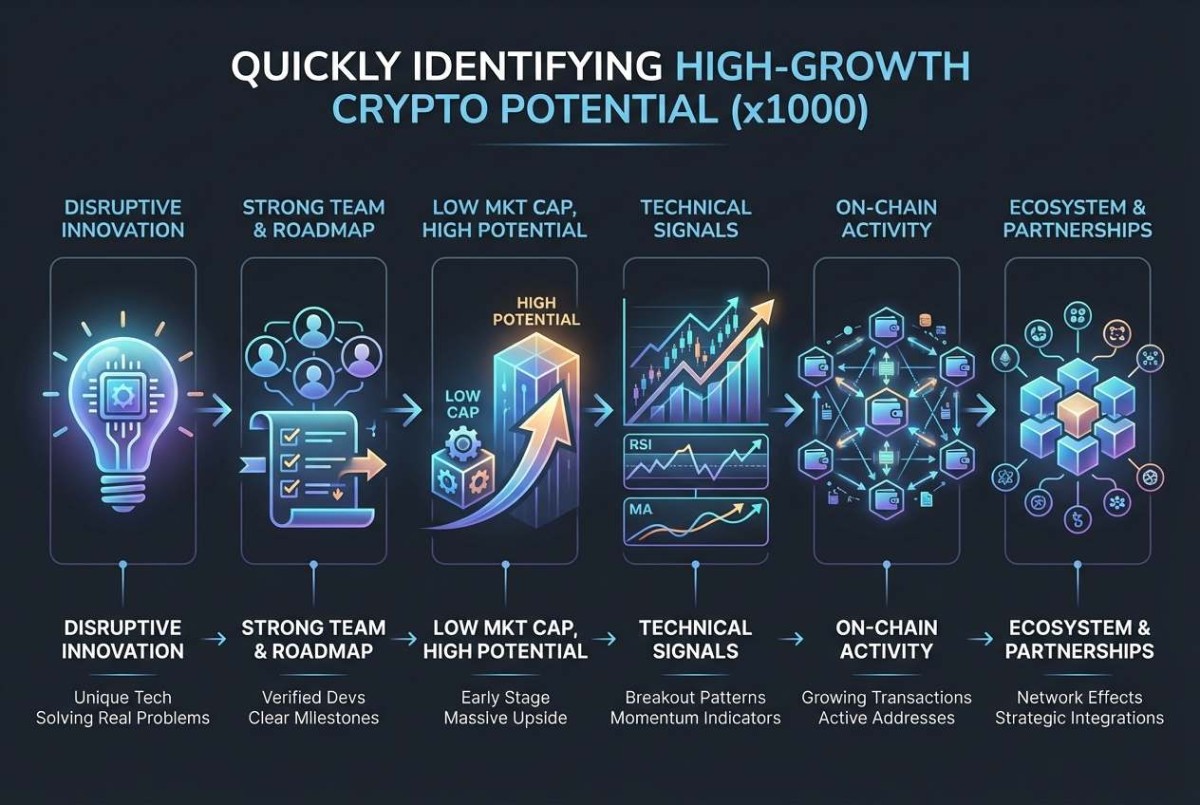 Infographie expliquant comment identifier rapidement les cryptomonnaies à fort potentiel de croissance (x1000)