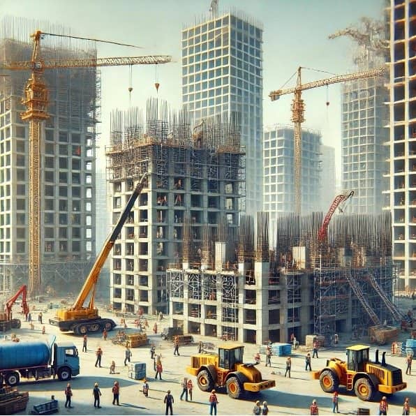 Un chantier animé avec des grues, des échafaudages et des ouvriers construisant des gratte-ciels sous un ciel dégagé