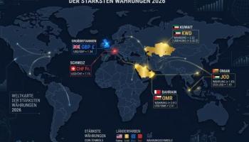 Weltkarte mit den Ländern der stärksten Währungen hervorgehoben und ihren aktuellen Wechselkursen zum US-Dollar